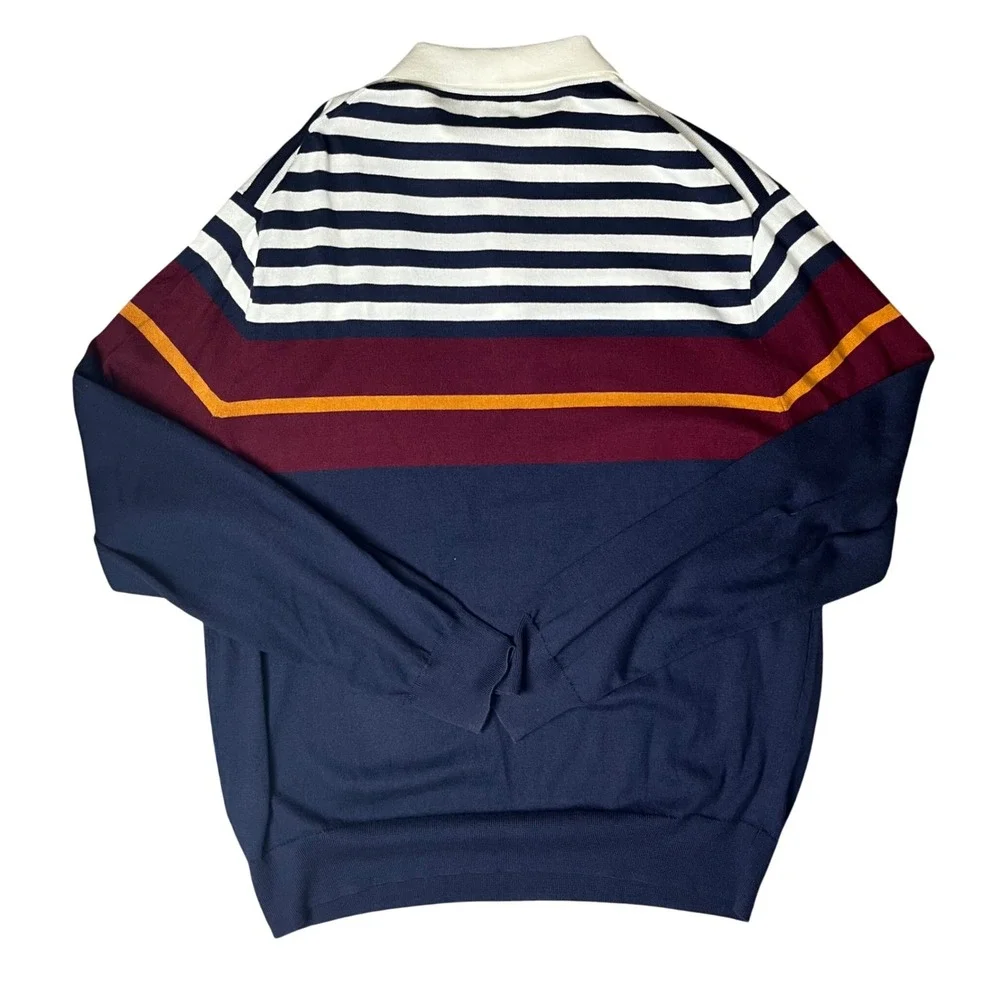 J. Crew Polo Sweater Mens XL Navy Blue Striped Long Sleeve Cotton Knit